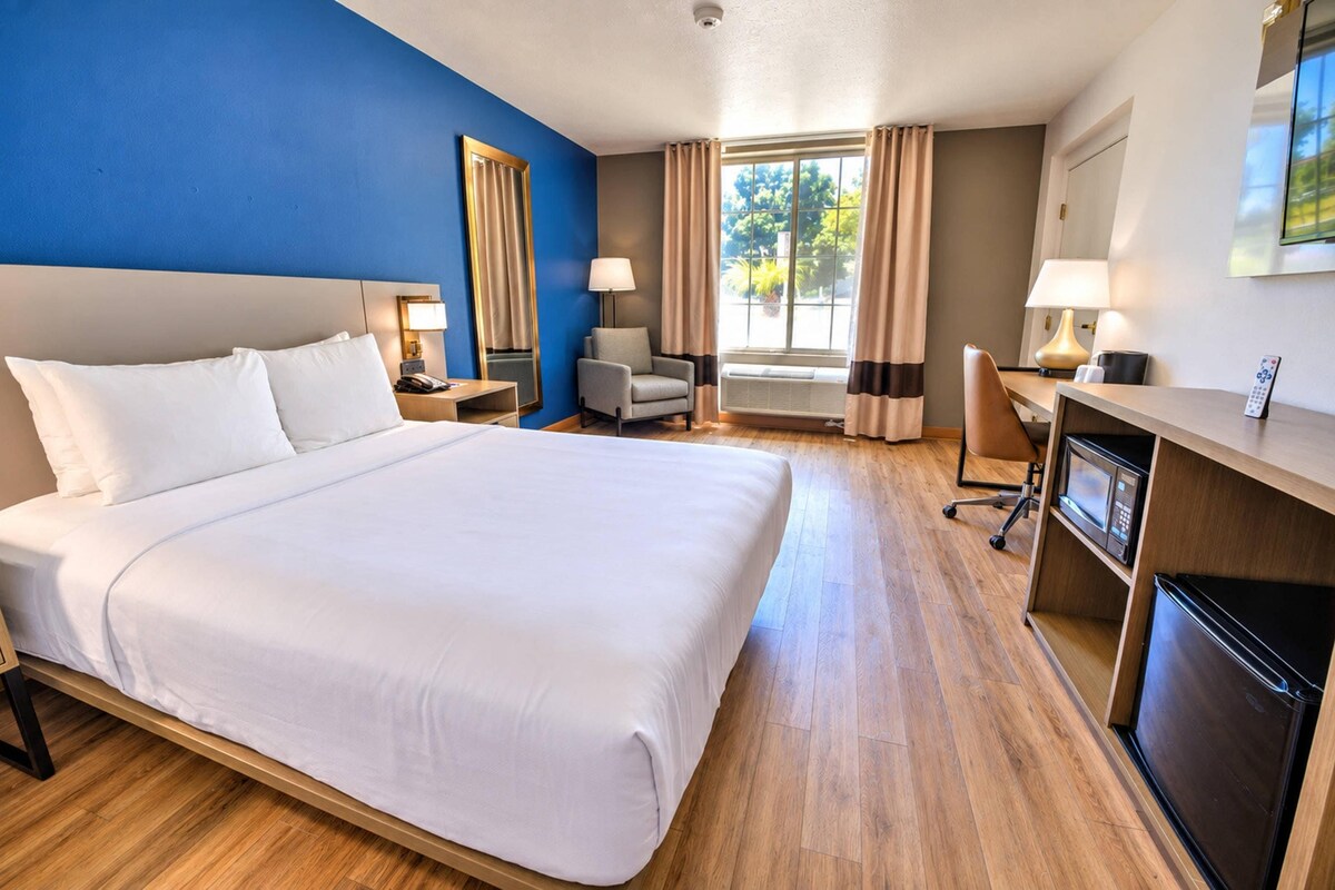 Room, 1 Queen Bed, Accessible, Non Smoking (Roll-In Shower) | In-room safe, desk, laptop workspace, blackout drapes