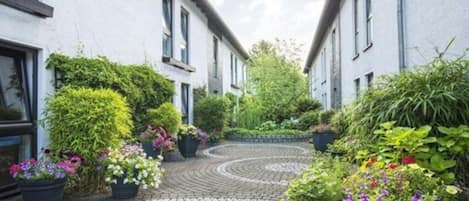 A narrow courtyard with a cobblestone path, surrounded by white buildings with multiple windows and lush greenery including potted plants and trees.