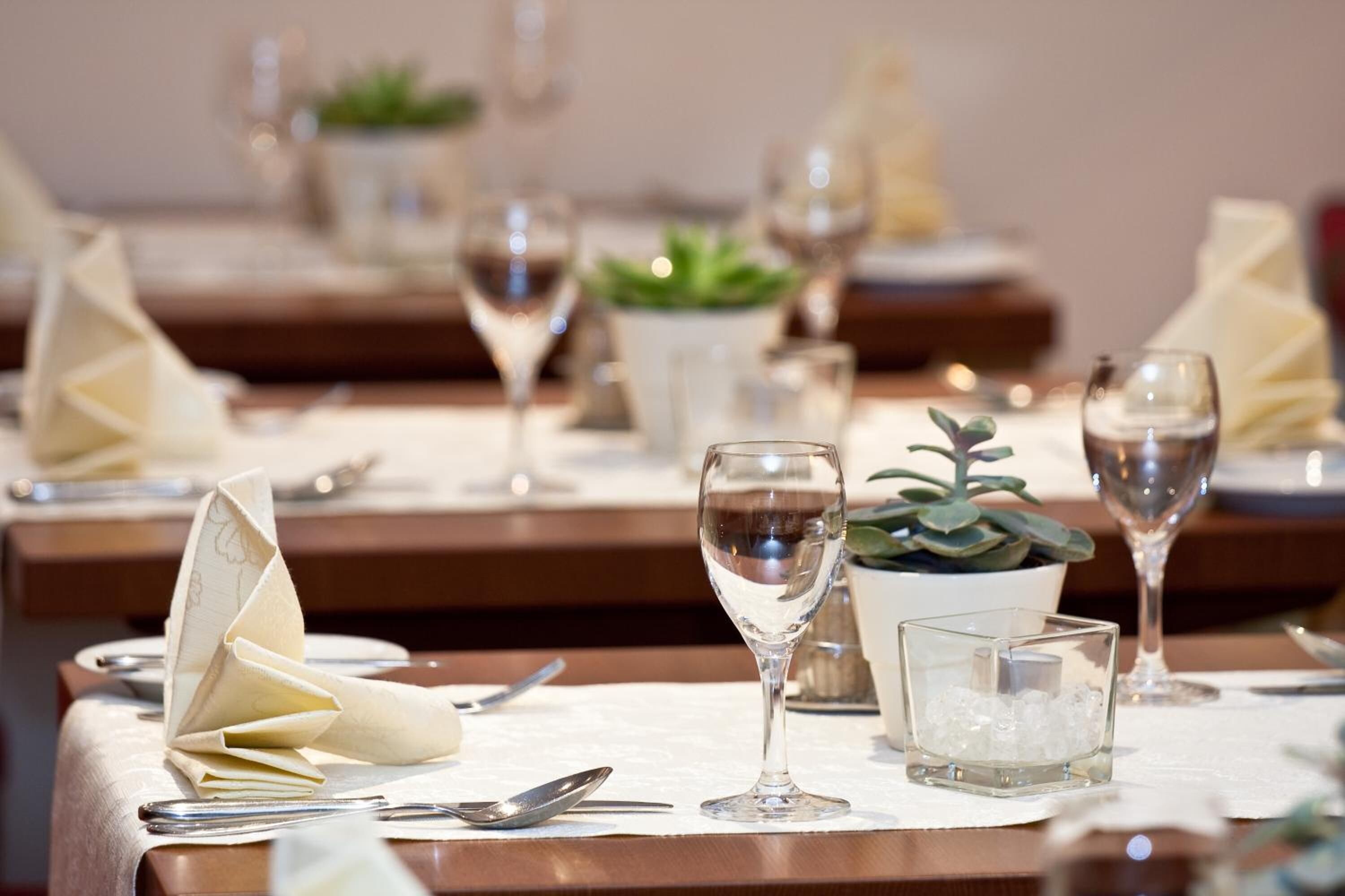 A dining table set with a folded napkin, a wine glass, a small glass with ice cubes, and a potted plant.
