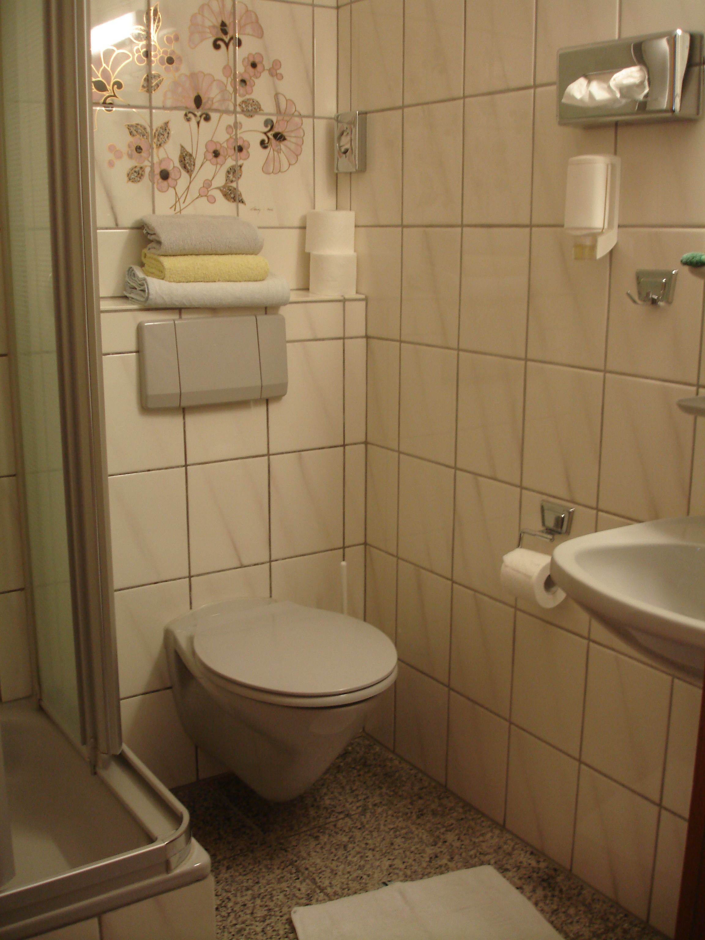 A small bathroom with a toilet, a sink, and a shower area.