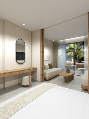 Una habitación de hotel moderna con un banco de madera, un sofá, una mesa de centro y un espejo grande.