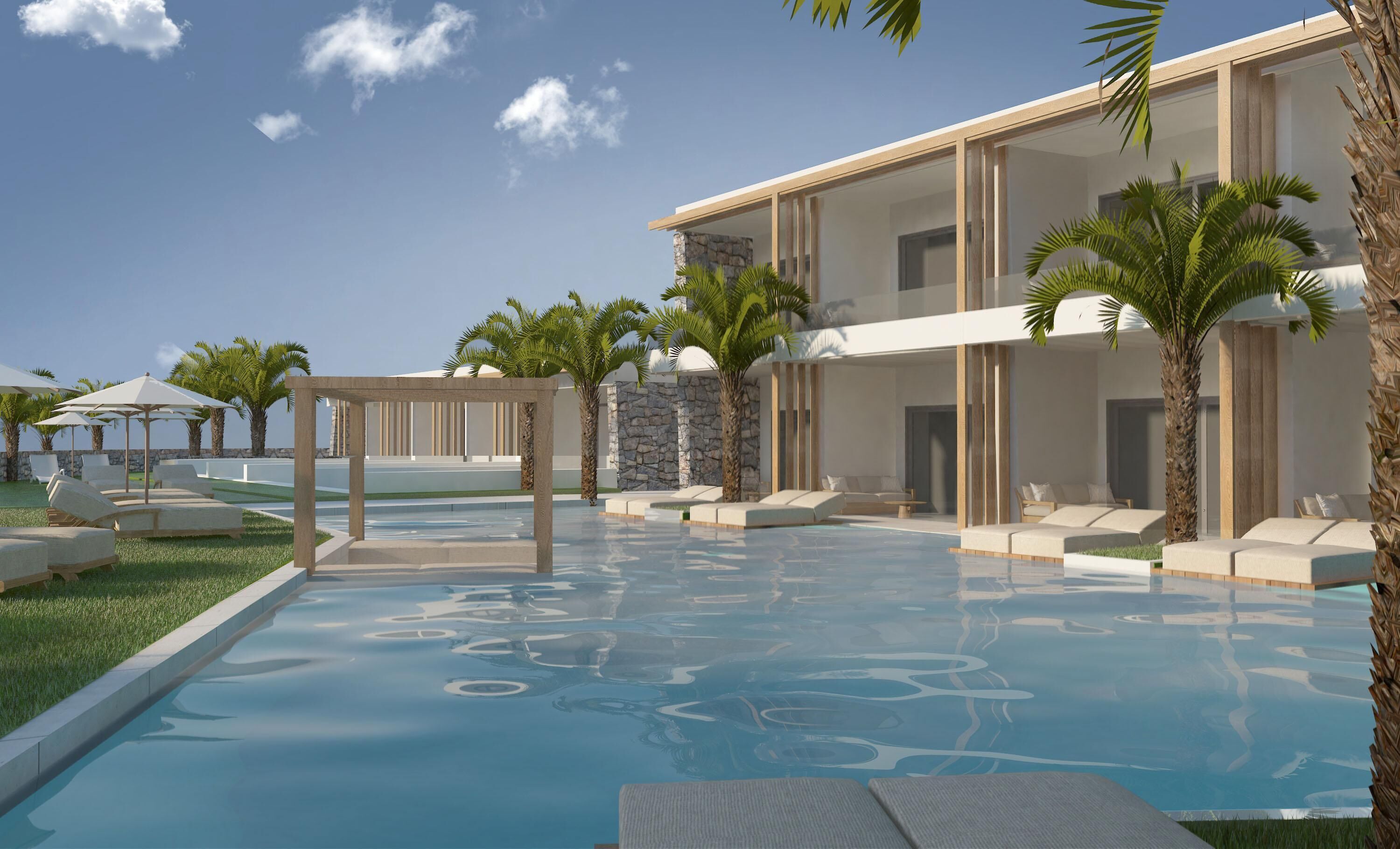 Un hôtel moderne doté d’une piscine, de chaises longues et de palmiers.