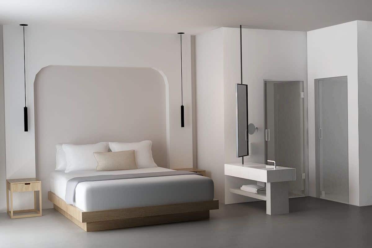 Un dormitorio moderno con cama, mesita de noche y armario empotrado.