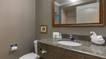 Un baño con lavamanos de encimera de granito, inodoro blanco, un cuadro en la pared y un espejo con marco de madera.