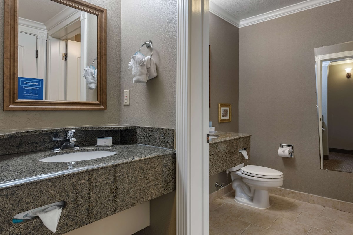 two queen beds non smoking | bathroom | hair dryer, towels