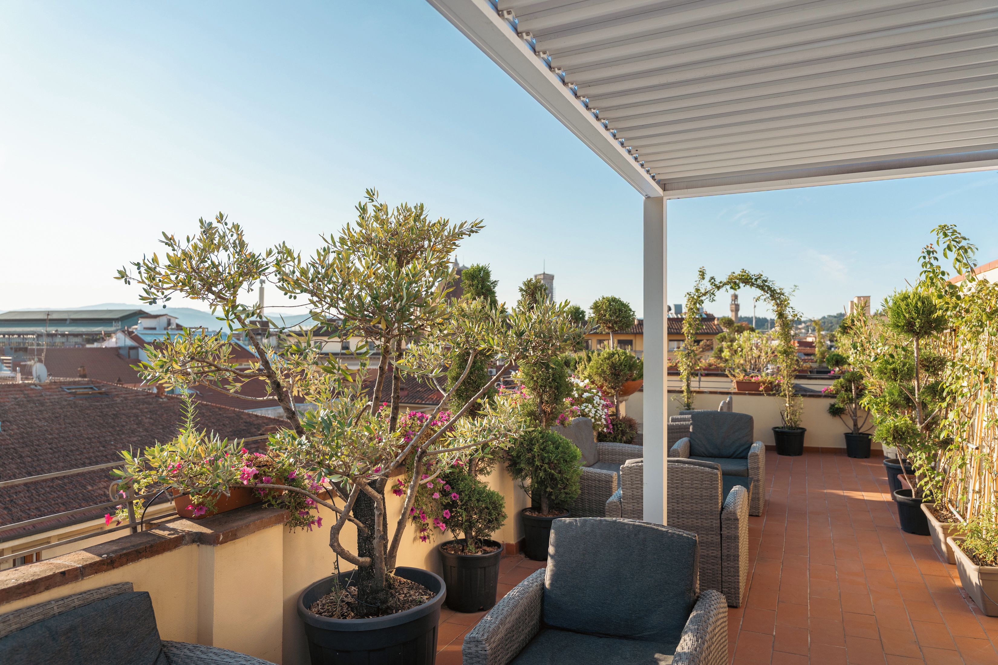 Una terraza en la azotea con plantas en macetas, mobiliario exterior y una vista despejada del paisaje urbano.