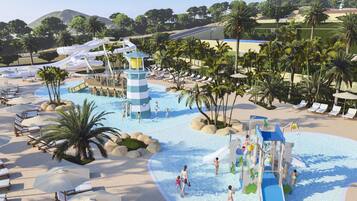 Enjoy a fun-filled day at the resort's water park, featuring a multi-level water slide, lighthouse play area, and spacious pool with lounge chairs.