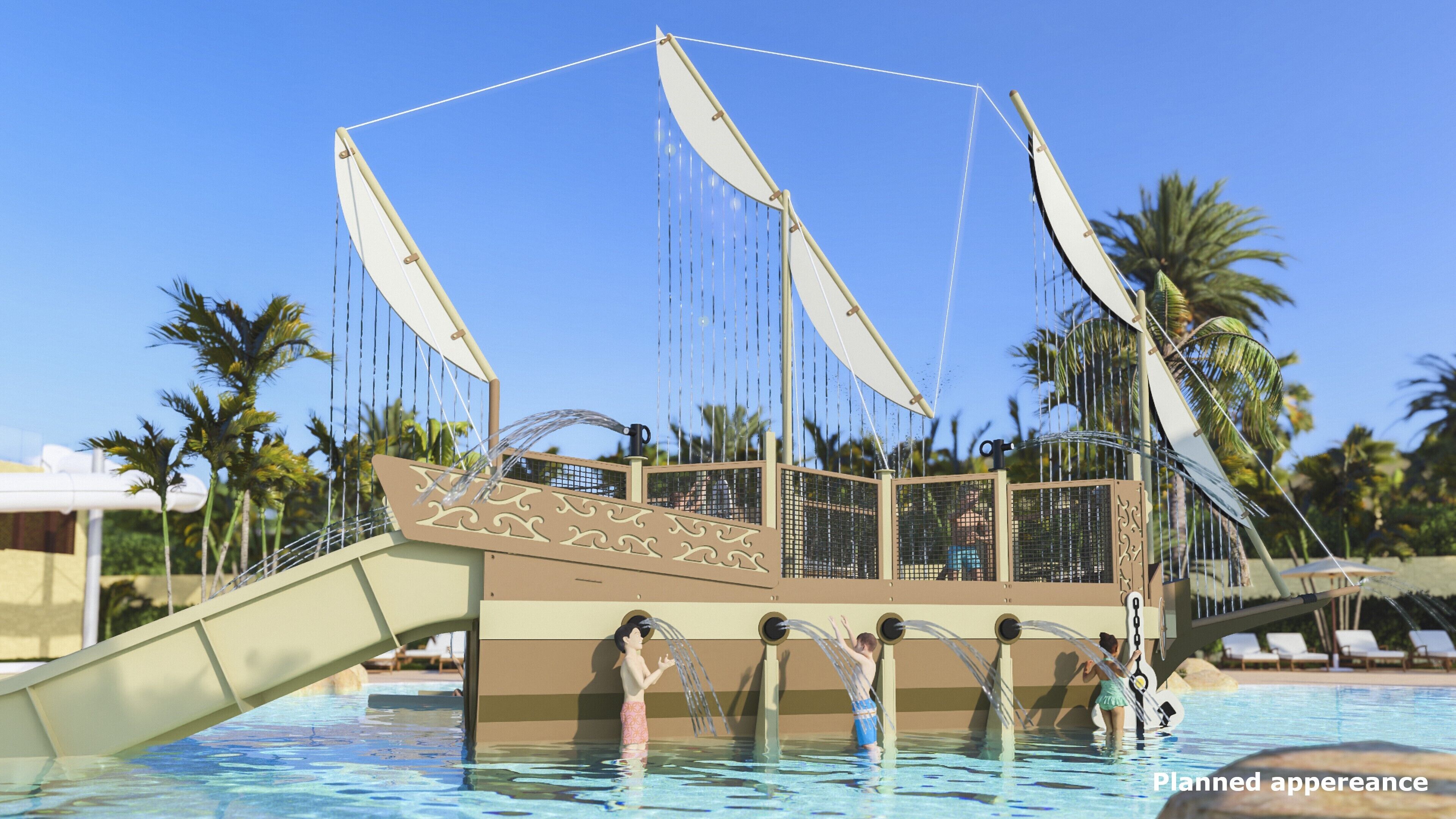 Une piscine avec une structure en forme de bateau, des palmiers et des chaises longues en arrière-plan.