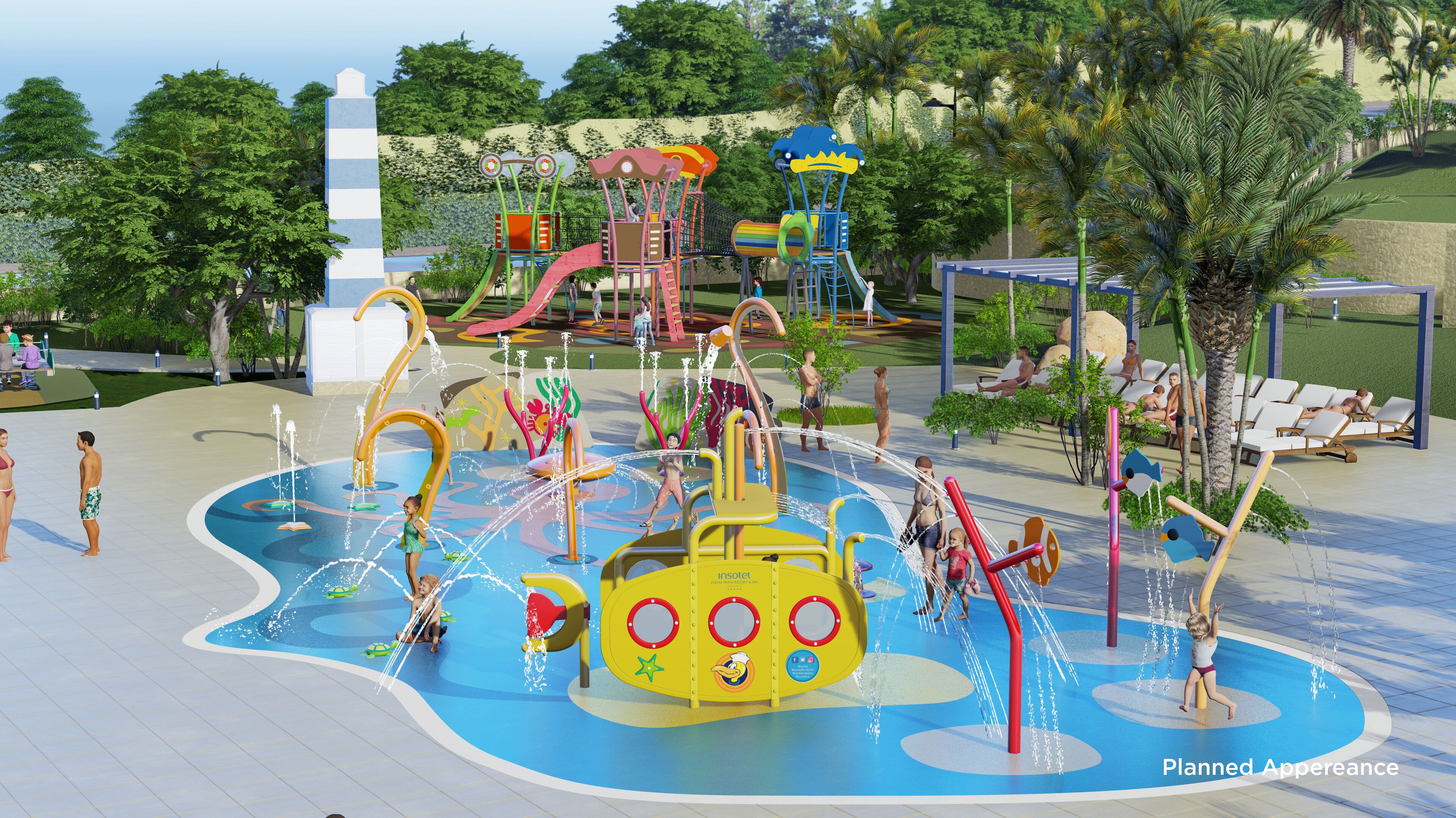 A water park with various play structures, a large yellow submarine play area, and a pool with water jets.