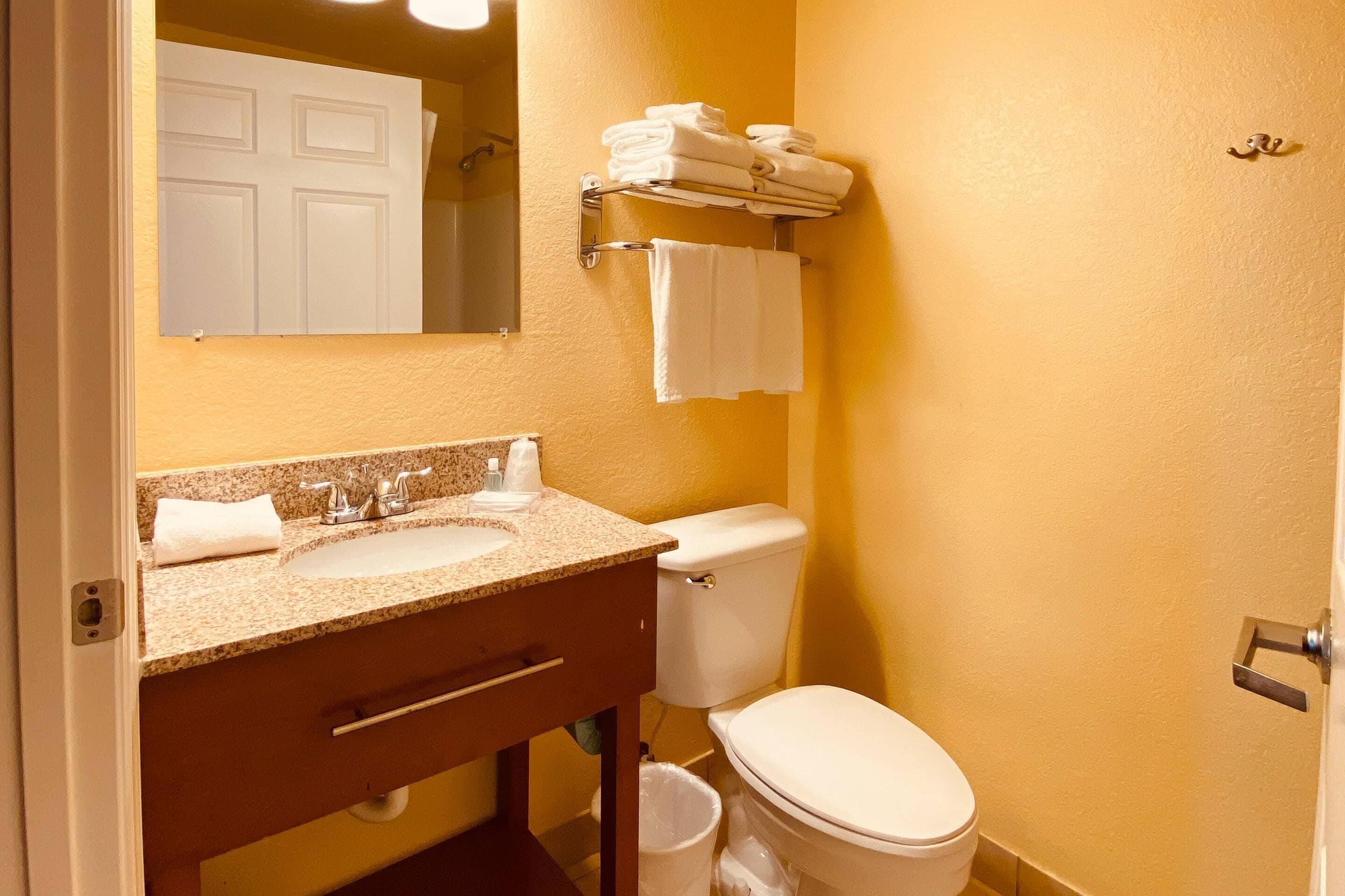 Une salle de bain équipée d’un lavabo, d’un miroir, d’un porte-serviettes et de toilettes.