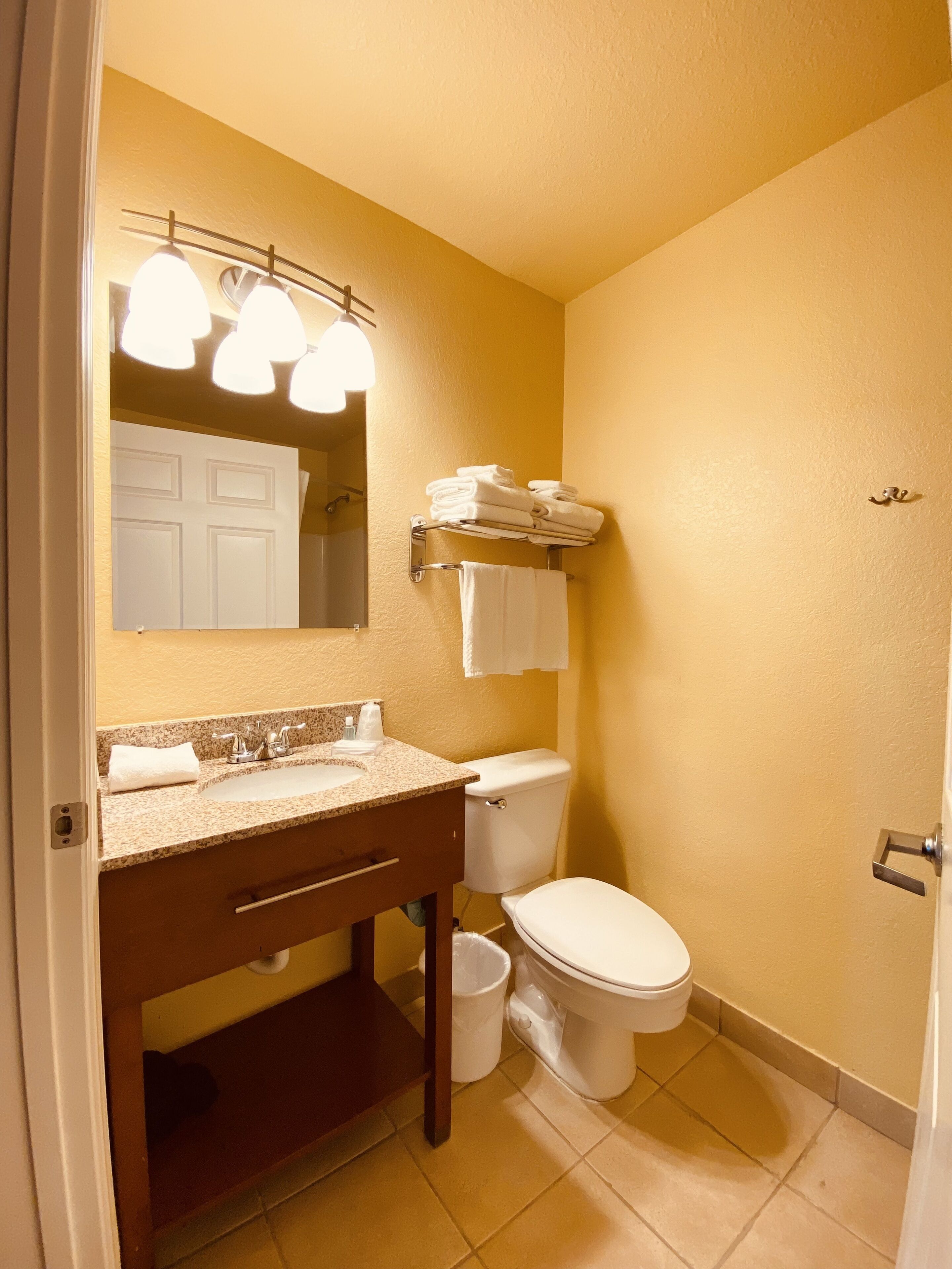 A bathroom with a sink, mirror, towel rack, and toilet.