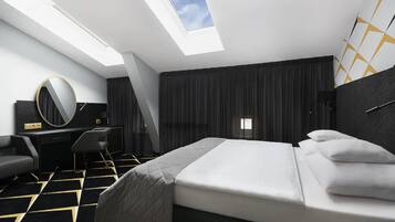A modern hotel room with a skylight, a bed with white bedding, a desk with a chair, and a large mirror.