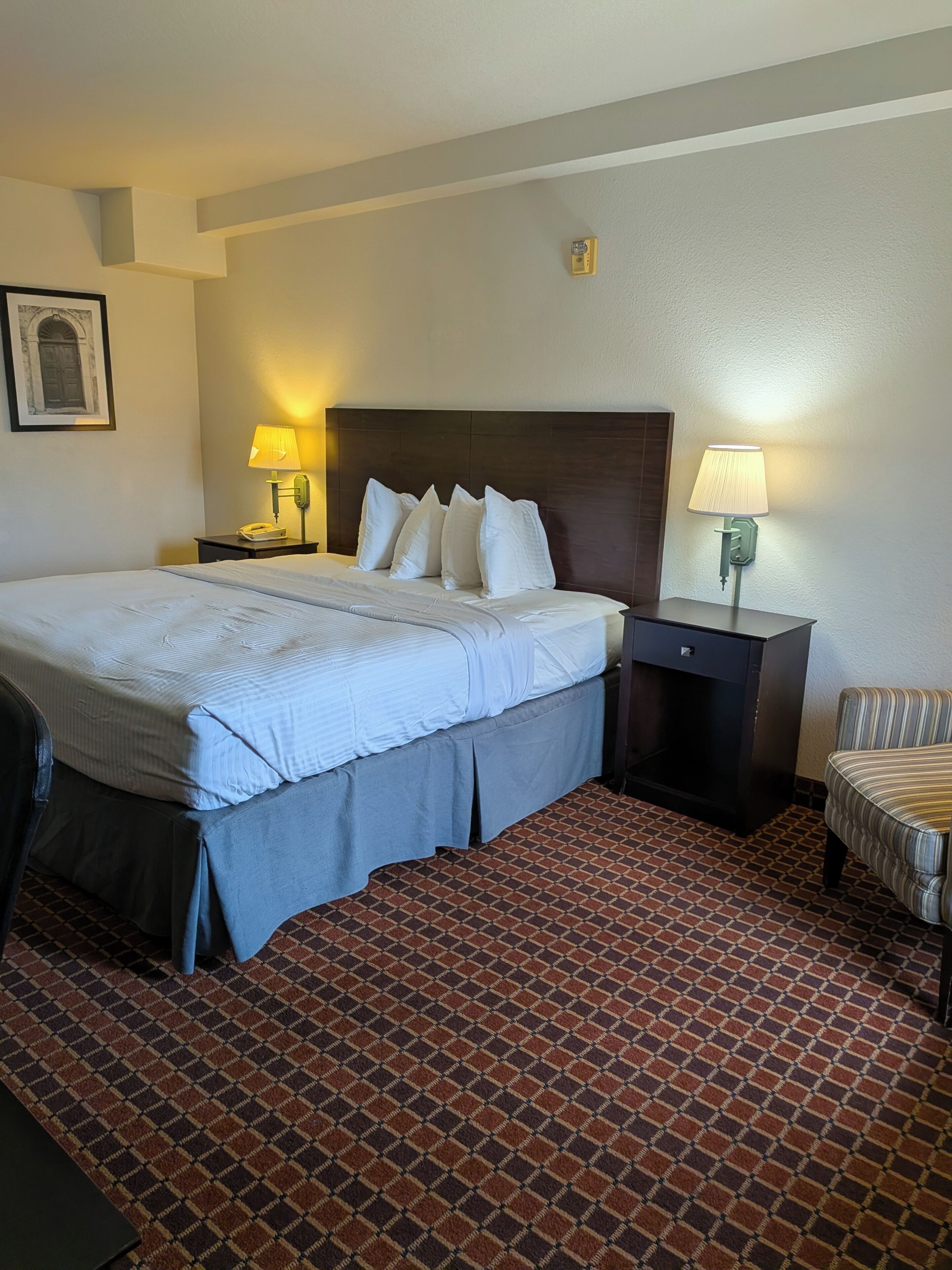 A hotel room with a bed, two bedside tables, a lamp, a chair, and a patterned carpet.