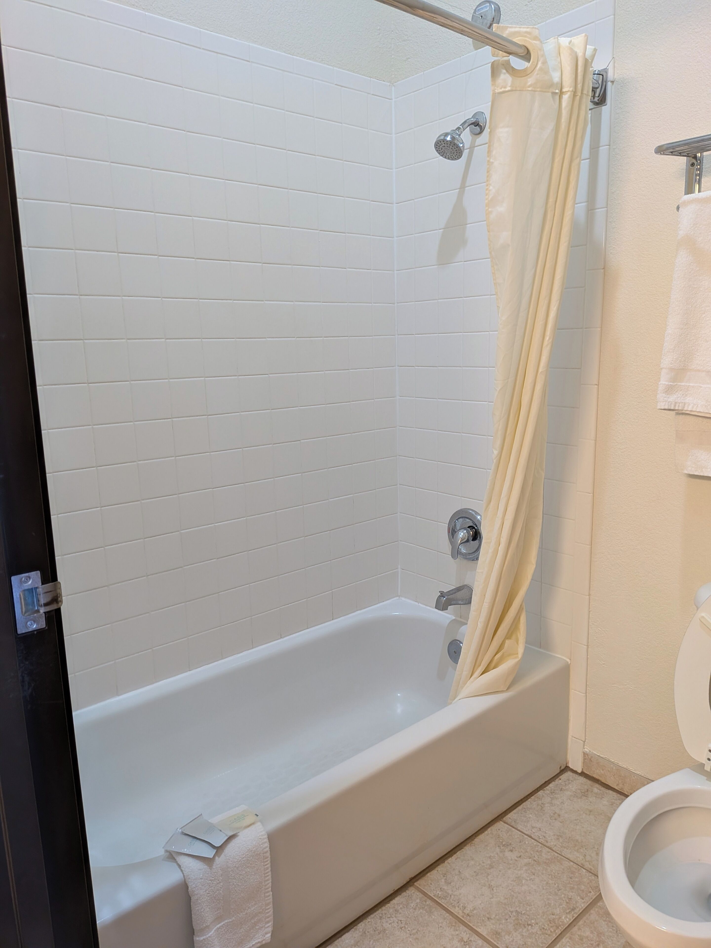Ein Badezimmer mit einer Badewanne, einer Duschvorhang und einer Toilette.