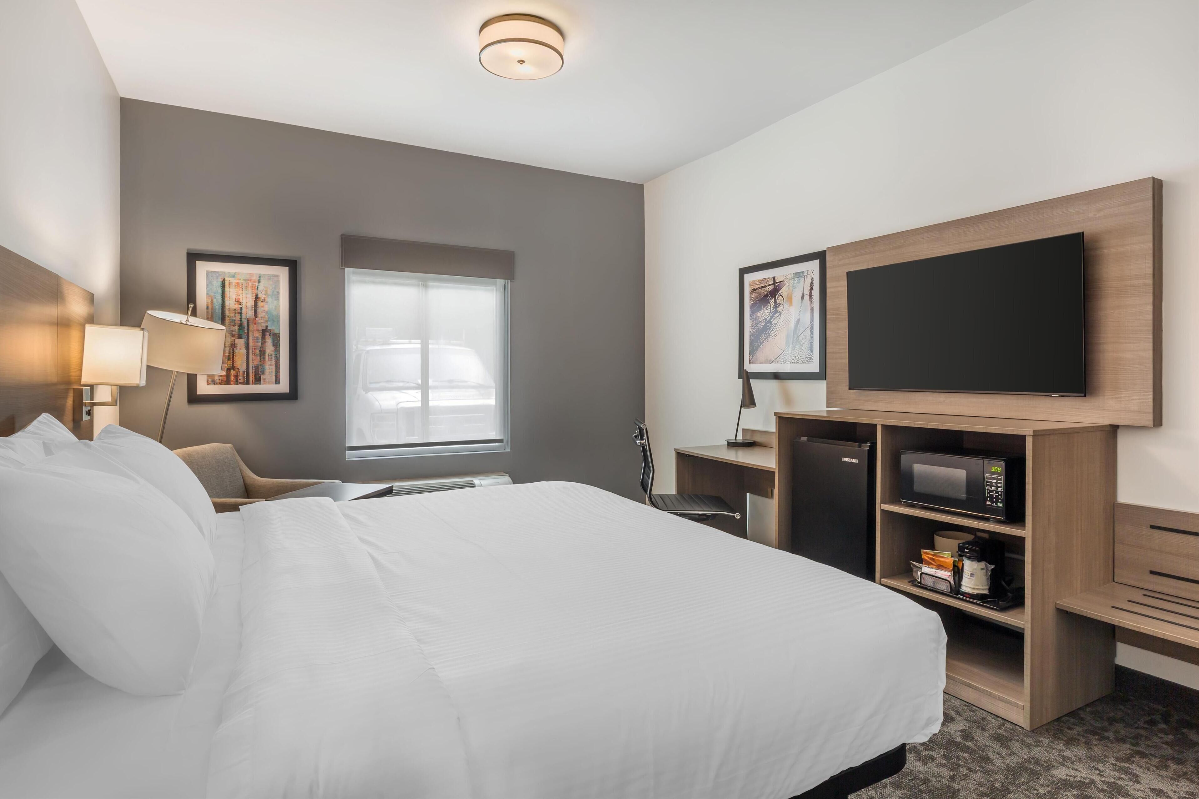 Habitación de hotel con una cama grande, un televisor de pantalla plana, un microondas y un escritorio con una silla.