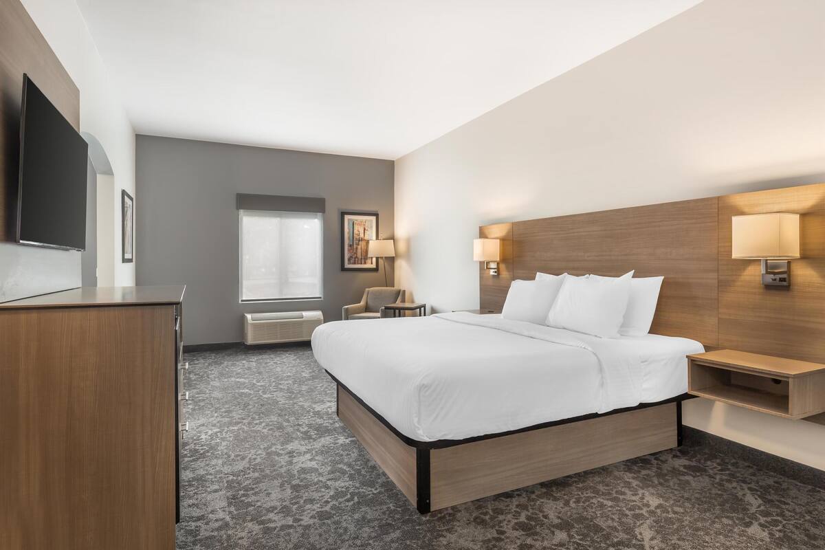 Una habitación de hotel moderna con una cama grande, un escritorio, una silla y un televisor.