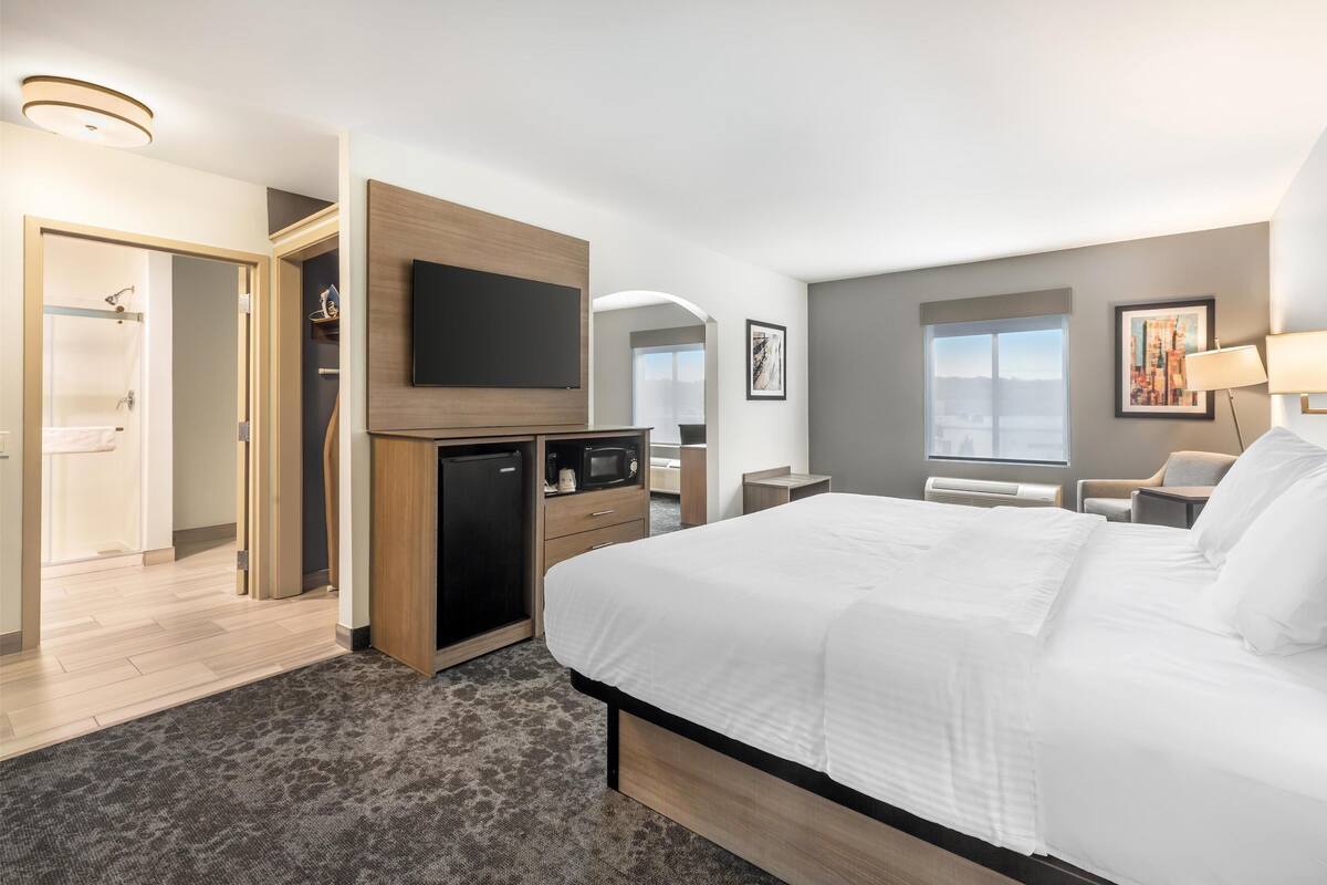 Una habitación de hotel moderna con una cama grande, un televisor de pantalla plana montado en la pared, un escritorio con una silla, una pequeña kitchenette y vistas a la ciudad desde la ventana.