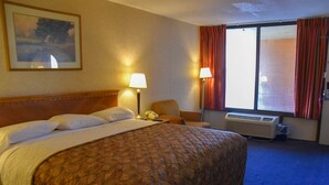 Habitación de hotel con una cama grande, dos lámparas de noche, una silla, una ventana con cortinas y un equipo de aire acondicionado.