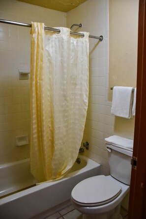 A bathroom with a bathtub, toilet, and a shower curtain.