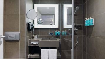 Shower, eco-friendly toiletries, hair dryer, towels