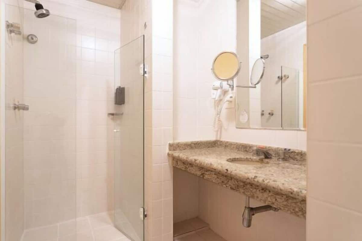 Shower, rainfall showerhead, eco-friendly toiletries, hair dryer