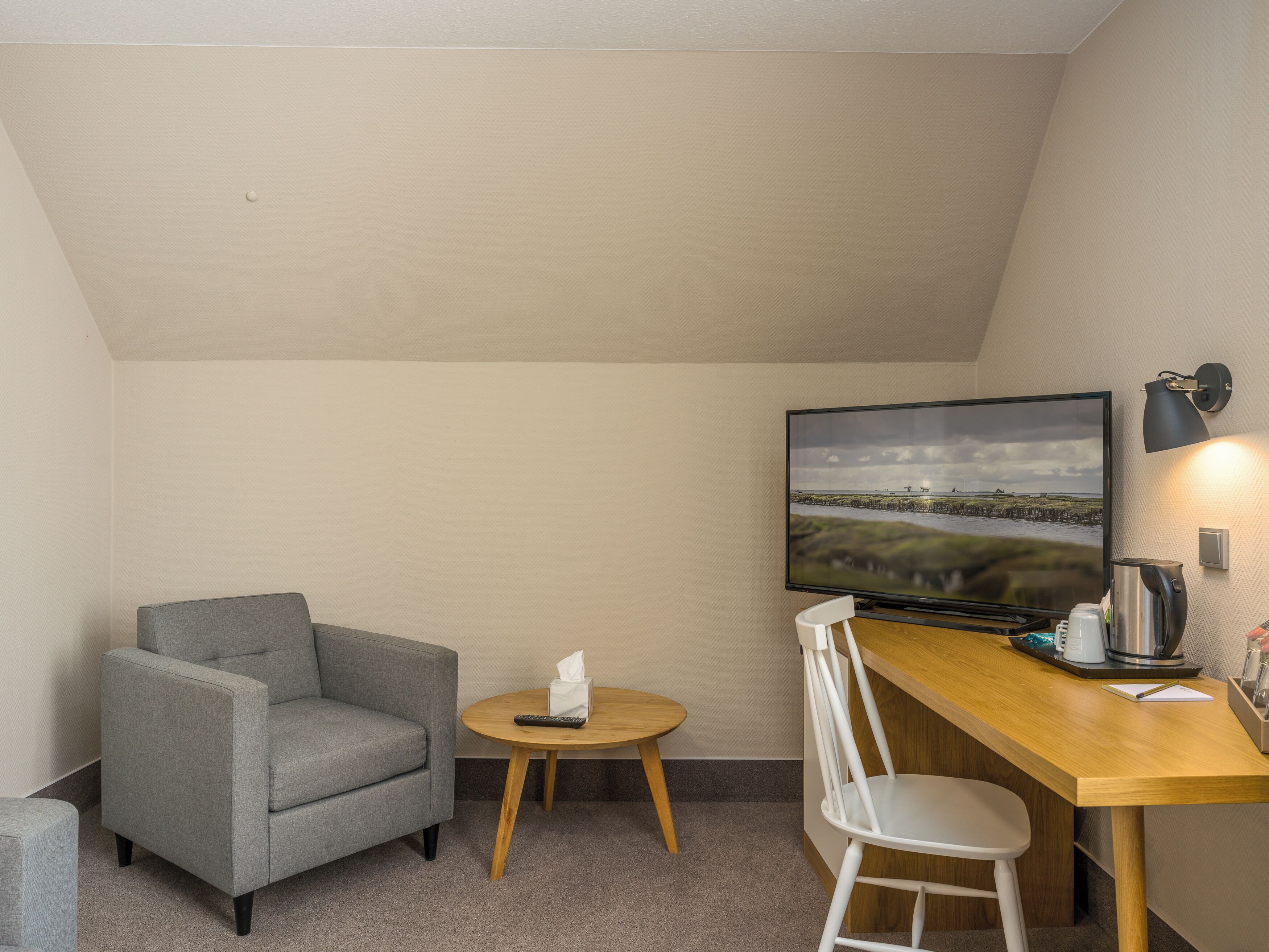 Una habitación con un sillón gris, una pequeña mesa redonda con un control remoto y pañuelos, un escritorio de madera con una silla, un televisor de pantalla plana mostrando un paisaje y una lámpara fijada a la pared.
