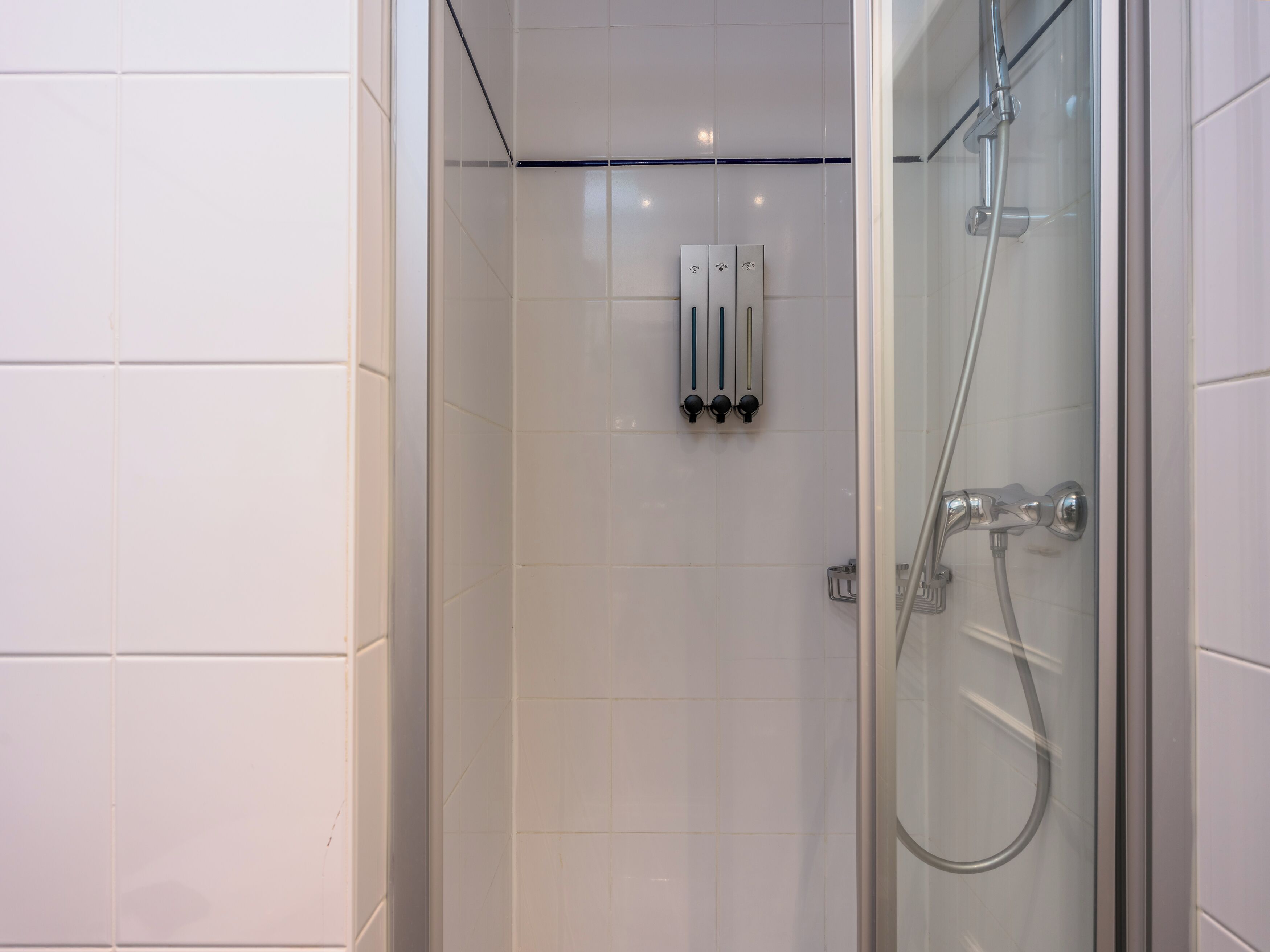 Eine moderne Dusche mit Glasabtrennung, einer Handbrause und einer wandmontierten Bedienung.