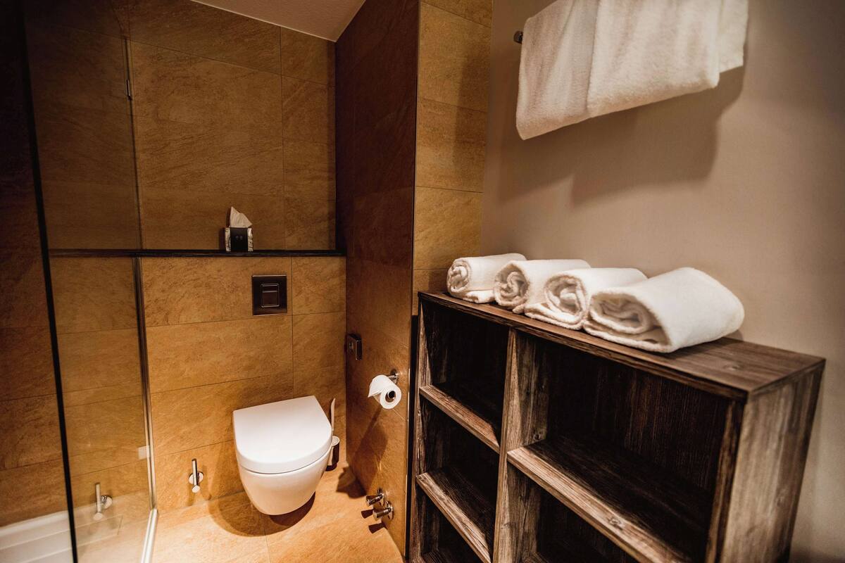 shower, eco-friendly toiletries, hair dryer, towels