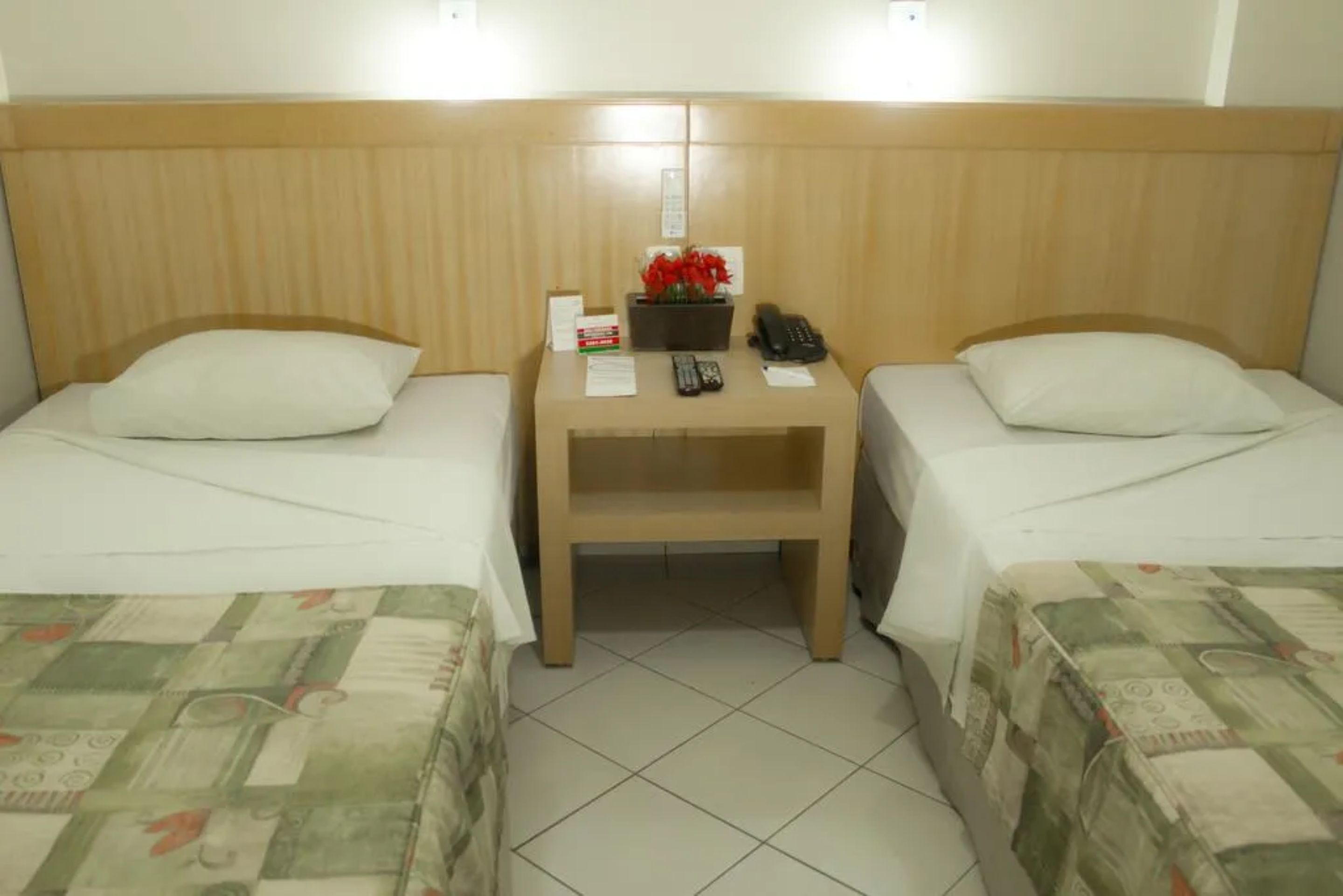 A hotel room with two single beds, a small wooden nightstand with a telephone, a remote control, and a small plant.