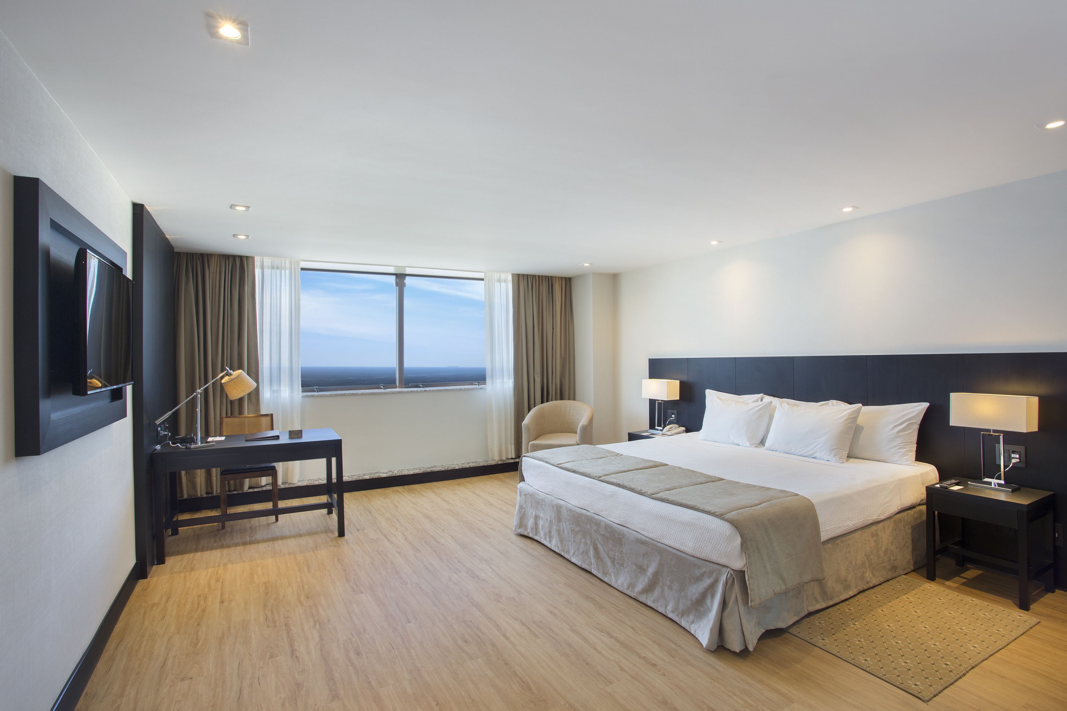 Habitación de hotel con una cama grande, un escritorio, una silla, un televisor y una ventana con vistas.