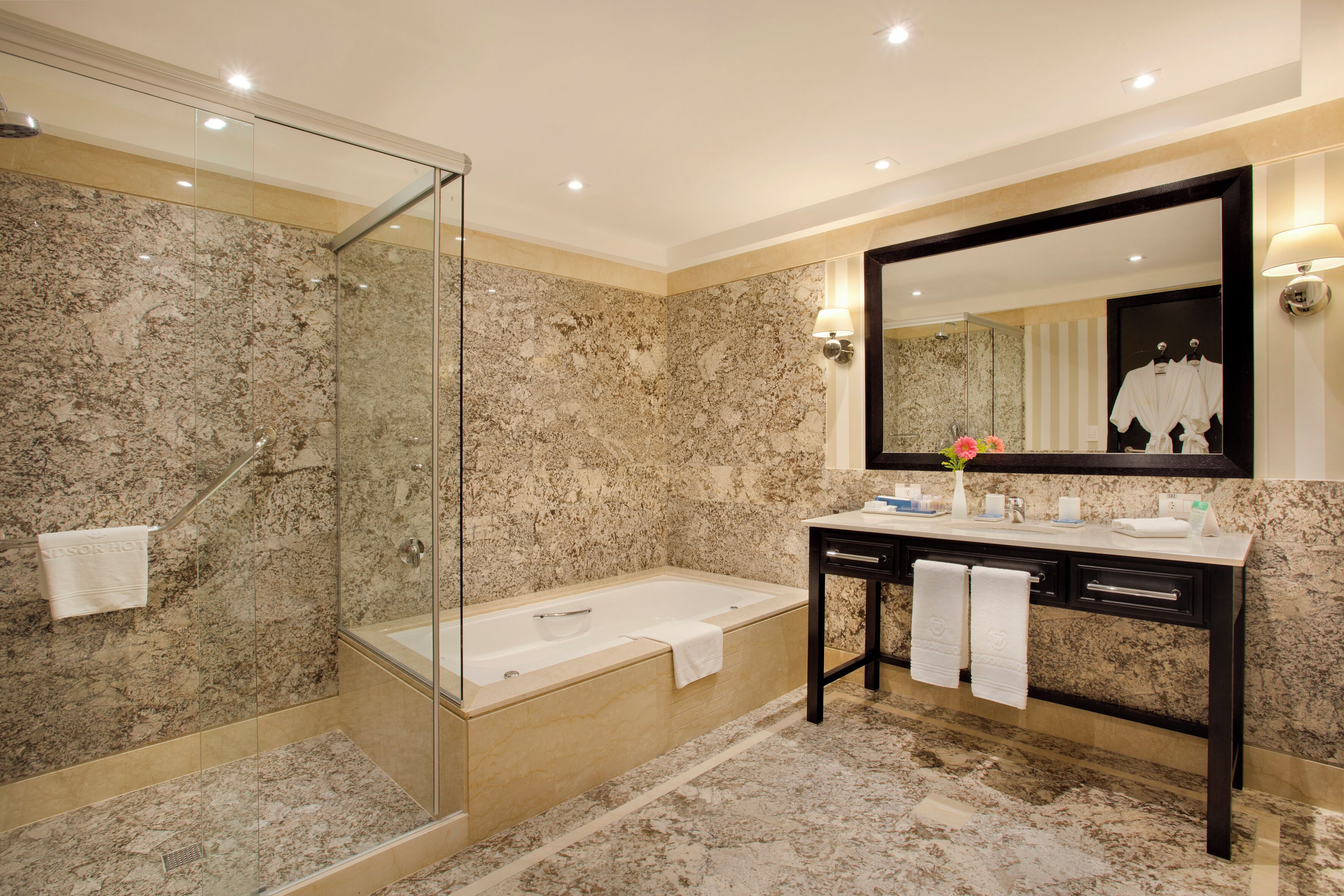 free toiletries, hair dryer, bidet, towels