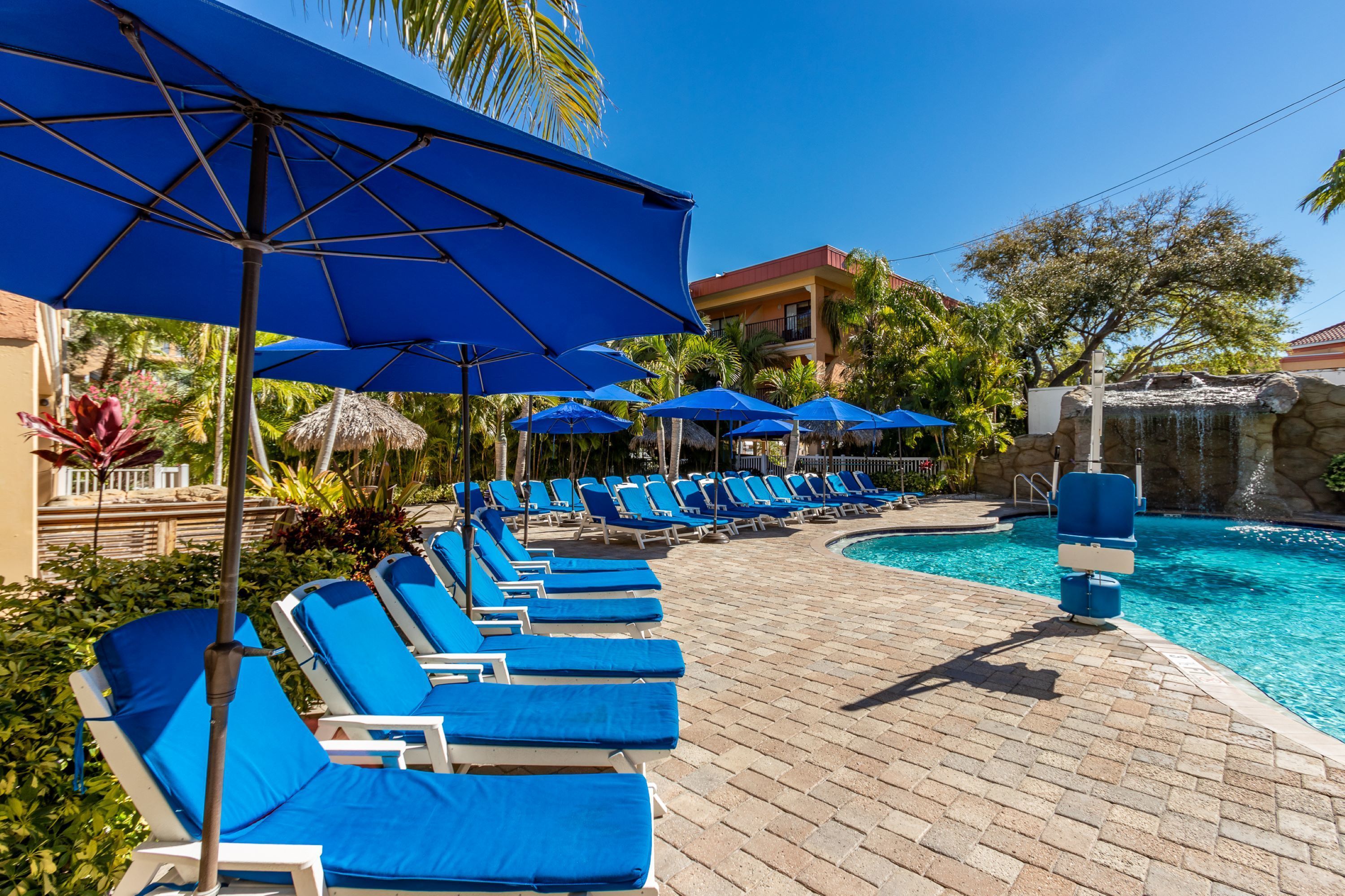 outdoor pool, pool loungers