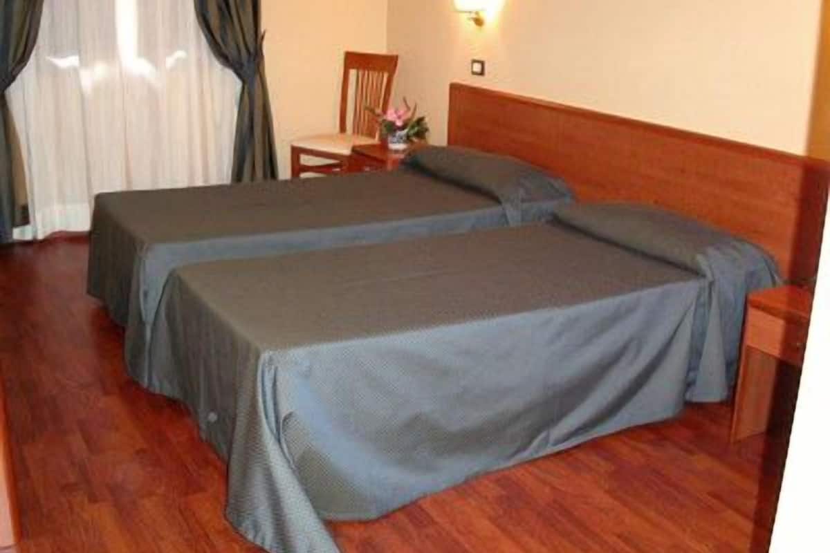 A room with two single beds, a wooden headboard, a small table with a vase, and a chair.