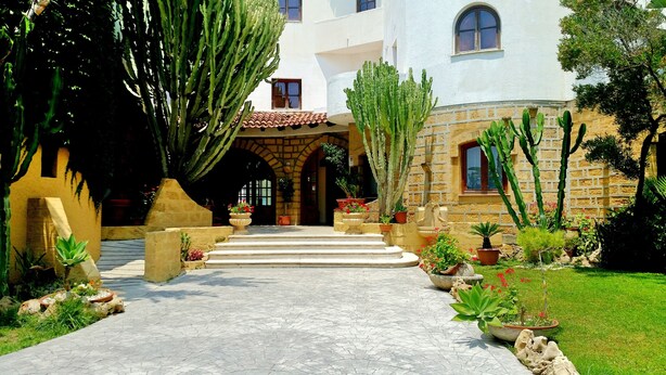 A courtyard with a stone pathway leading to a building entrance, surrounded by various potted plants and cacti. - Hotel Akrabello (Agrigento)