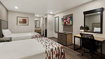 Desk, laptop workspace, blackout drapes, rollaway beds