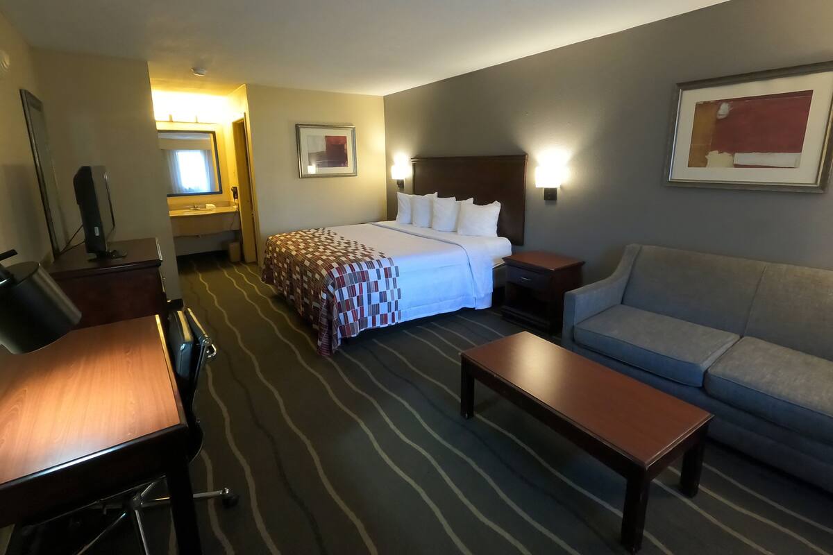 A hotel room with a bed, a desk, a chair, a sofa, a TV, and a lamp.