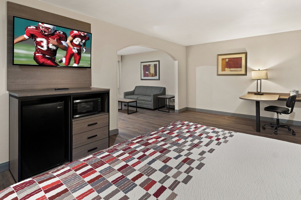 A hotel room with a bed, a TV, a desk, a chair, a sofa, a lamp, and a microwave.