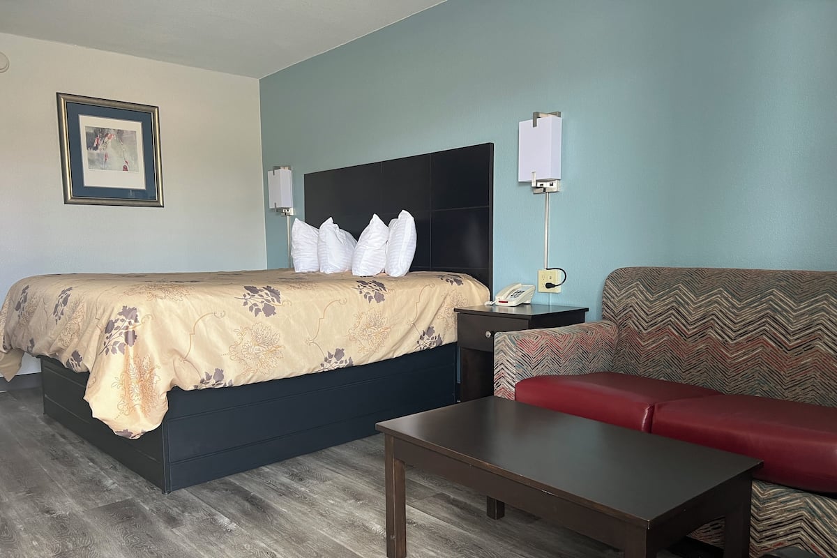 A hotel room with a bed, a sofa, a nightstand with a phone, and a lamp.