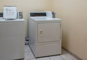 A laundry area with a front-loading washer and a top-loading dryer.