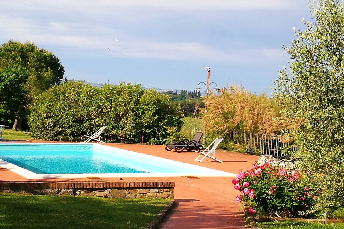 outdoor pool, a rooftop pool, pool umbrellas, pool loungers