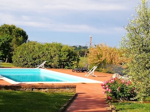 Outdoor pool, a rooftop pool, pool umbrellas, pool loungers