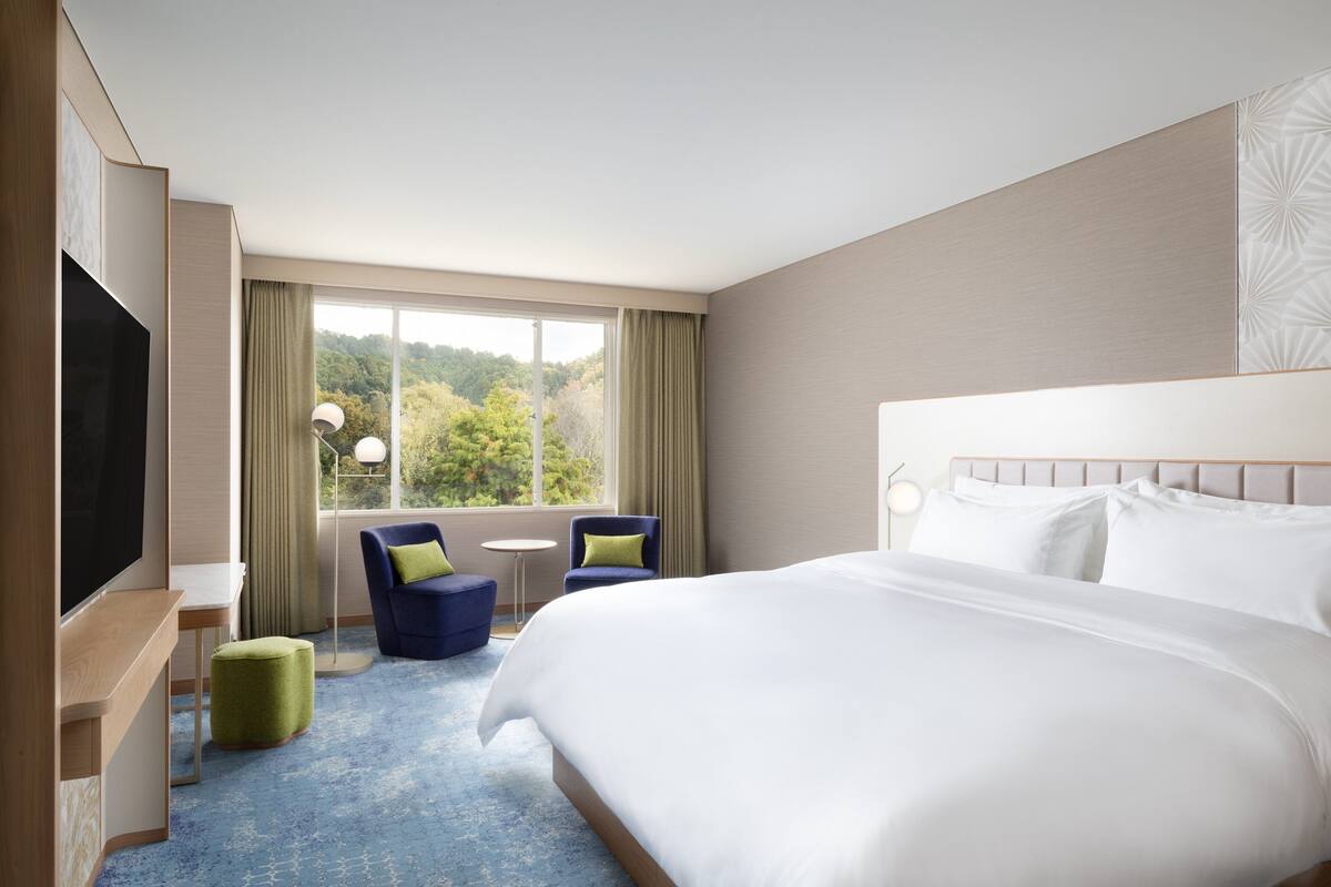 A hotel room with a large bed, a TV, a desk, two chairs, a small table, and a view of the outdoors.