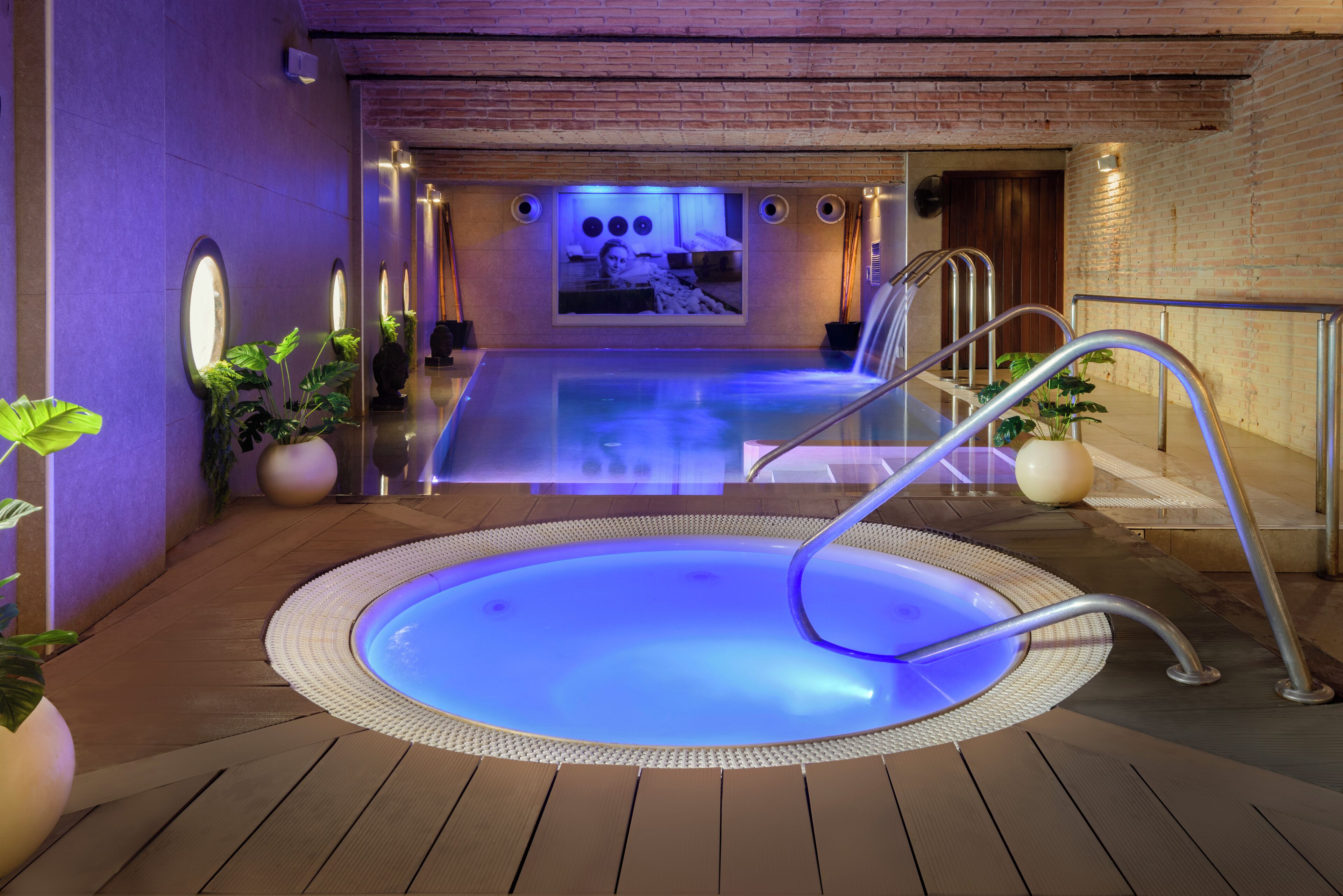 Ein Wellnessbereich mit Whirlpool, Holzboden und Blumentöpfen.
