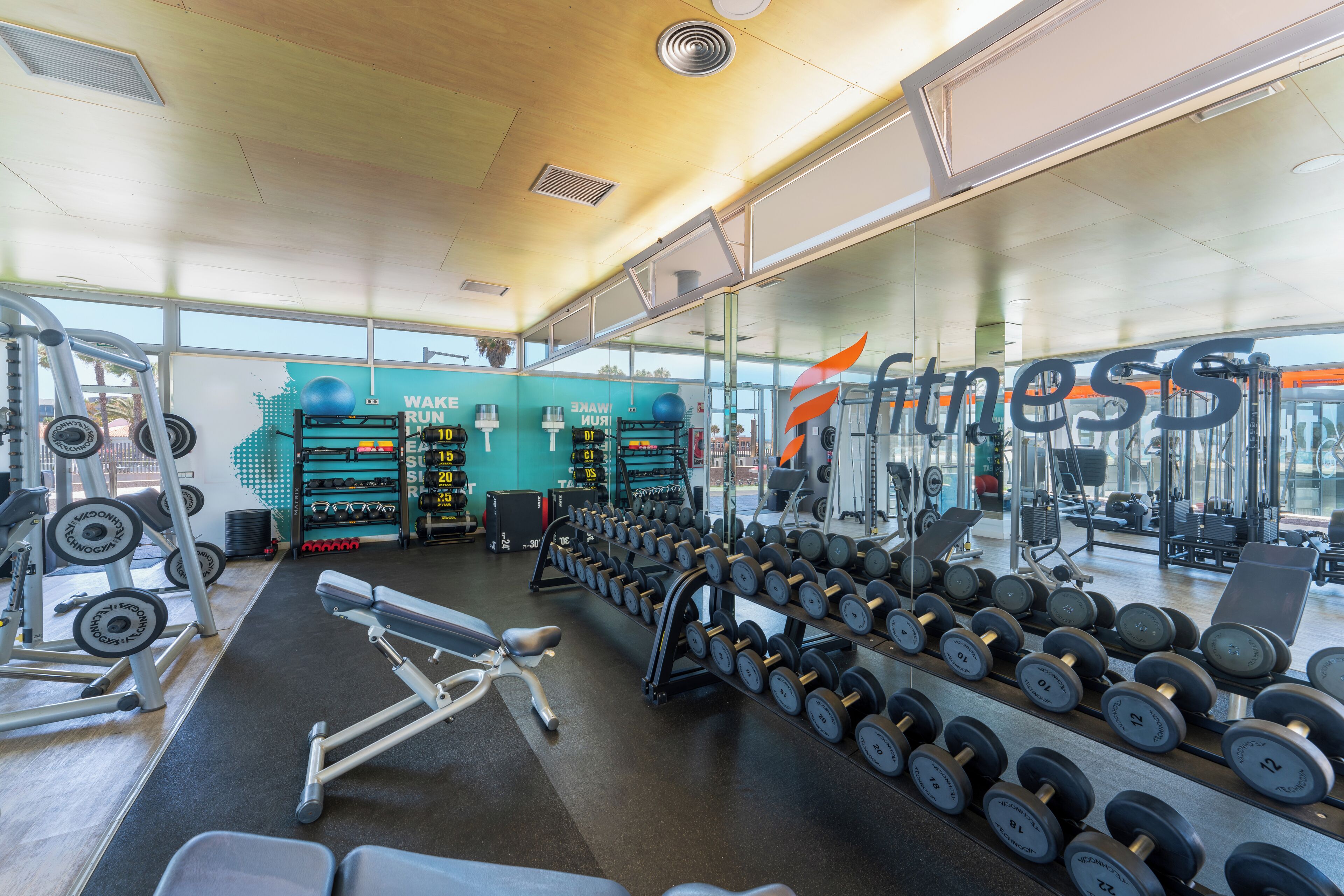 Uma academia com diversos equipamentos de exercício, incluindo halteres, máquinas de musculação e aparelhos de cardio.