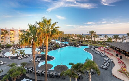 A resort pool area with sun loungers, palm trees, and a view of the ocean.