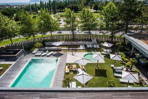 Indoor pool, outdoor pool, pool loungers