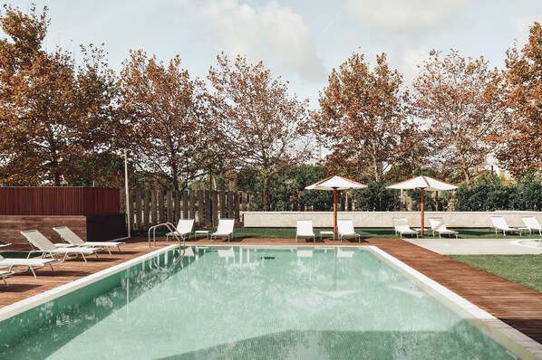 Indoor pool, outdoor pool, pool loungers