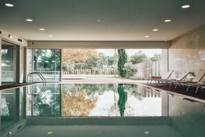 Indoor pool, outdoor pool, pool loungers
