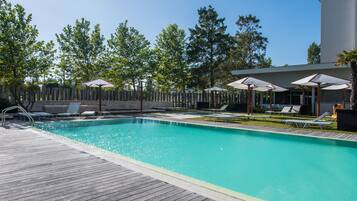 Indoor pool, outdoor pool, pool loungers