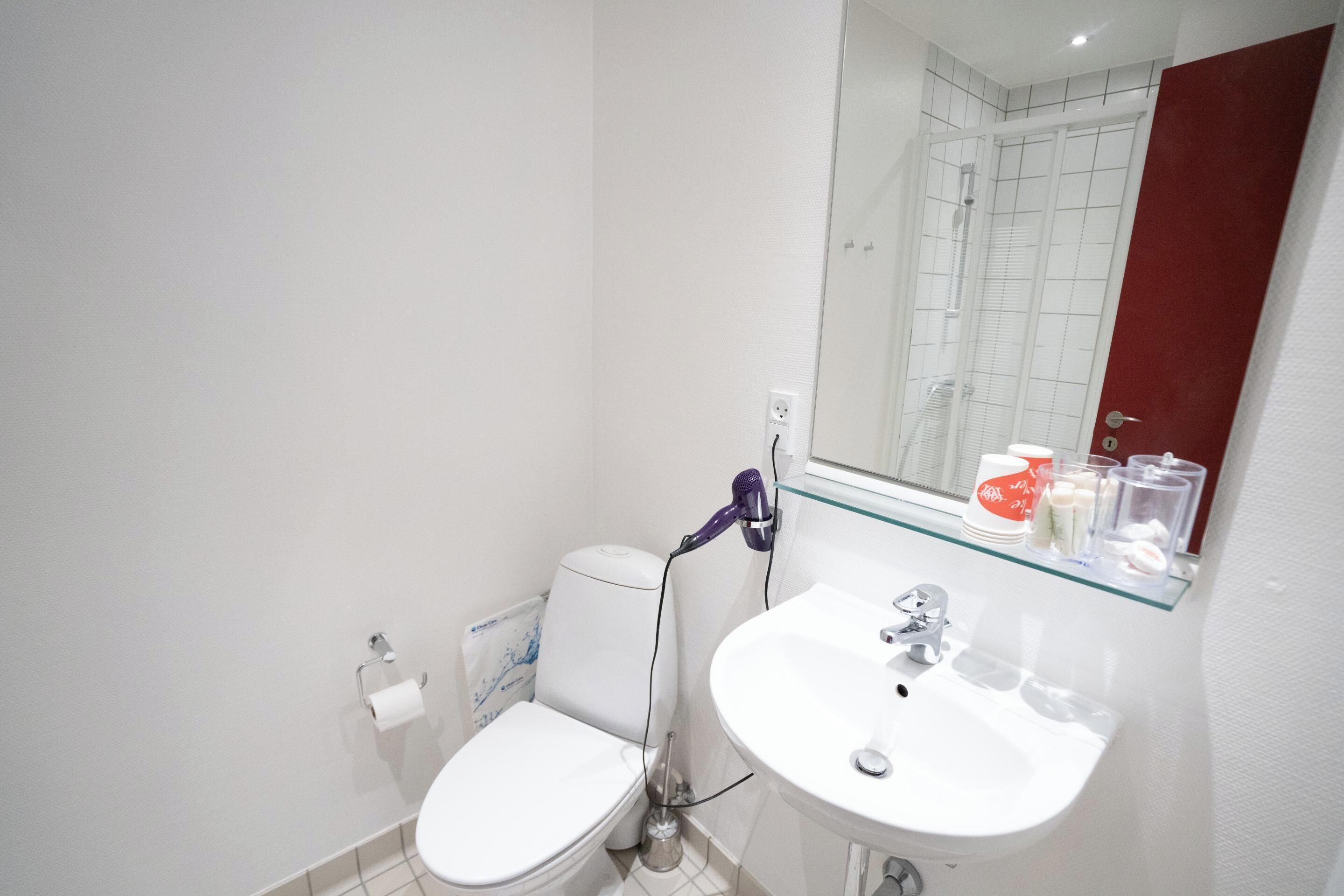 A small, modern bathroom with a toilet, sink, and a mirror above the sink.